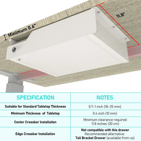 Slick Under Desk Drawer With Lock Sturdy Metal Undermount Storage Slide Tray Organizer For Papers Laptops And Office Gear White 16X11 Point 8 Inch showing installation specifications and dimensions.
