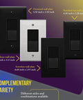 Four wall plate options for Slick Gloss Finish Decorator Paddle Rocker Light Switch, illustrating size variations.