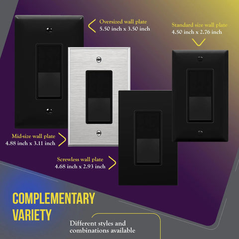 Four wall plate options for Slick Gloss Finish Decorator Paddle Rocker Light Switch, illustrating size variations.