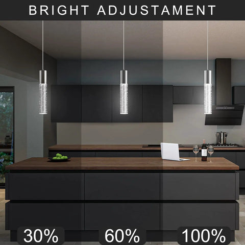 Slick Modern Pendant Light With LED Bubble Crystal Shades for Kitchen Island, dimmable chrome lighting in various brightness levels