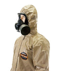 Top Shelf Chemical Resistant Hazmat Suit With Full Cbrn Body Seal worn by a person with mask, designed for fire and tactical units.