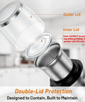 Illustration of double-lid design on Electric Coffee And Spice Grinder With Dual Stainless Steel Blades And Removable Bowls Pulse Control And Clear Double Lid For Real Time Texture Check Easy Pour And No Mess Grinding