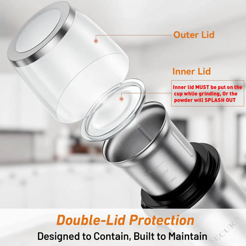 Illustration of double-lid design on Electric Coffee And Spice Grinder With Dual Stainless Steel Blades And Removable Bowls Pulse Control And Clear Double Lid For Real Time Texture Check Easy Pour And No Mess Grinding
