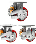 Heavy Duty Spring Loaded Swivel Caster Wheels With Brake Premium Polyurethane Tires showing galvanized plates and springs.
