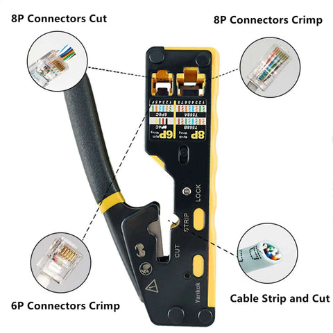 Pro Grade Pass Through Crimping Tool for RJ45 RJ12 RJ11 connectors with built-in pass thru blade for Cat5 Cat6 Cat7 cables