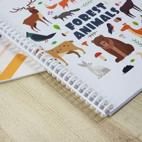 Close-up of bound forest animals book using Coil Binding Machine For 3 To 1 Pitch With 32 Hole Punch, suitable for spiral spines.