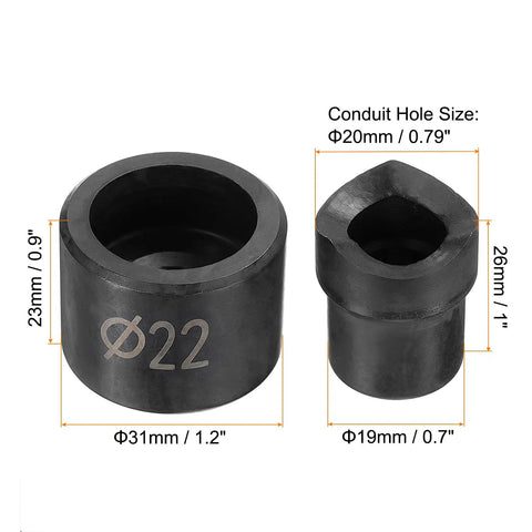 2-Piece Conduit Punch And Die Set, 22mm Hole Cutter, shown with size measurements, Chrome Steel Manual Knockout Tool For Hydraulic Knockout Driver