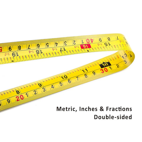 Double Sided Measuring Tape 33 Feet 10 Meters With Fractions In Inches And Metric Retractable Tape Measure With Magnetic Hook And Double Stop Buttons For Quick Accurate Readings And Pro Grade Handy Tool For DIY Projects, yellow double-sided blade with metric, inches and fractions