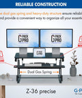 36 Inch Wide Standing Desk Converter For Dual Monitors Sit To Stand Workstation Height Adjustable Up To 17.3 Inches With Large Keyboard Tray Black Easy Install Ergonomic Durable Pro Grade shown with dual gas spring.