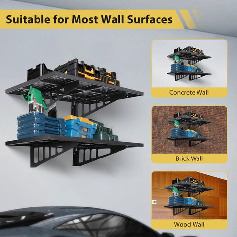 Heavy Duty Garage Wall Shelves 2 Pack 2x3 Ft Wall Mounted Storage Racks With Four Hooks Up To 560 Lbs Total Capacity
