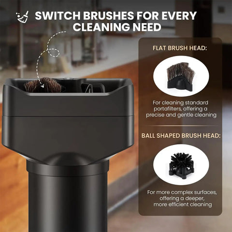 Vertical Electric Espresso Portafilter Cleaner With Knock Box Combo Auto Ground Removal For Home And Cafe Baristas Smooth Daily Grind Cleanup Universal Fit Quick Dump Station with interchangeable cleaning brush heads