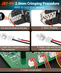 JST-PH crimping procedure with ratcheting crimp tool, wire insertion, and connector assembly for electronics DIY projects.