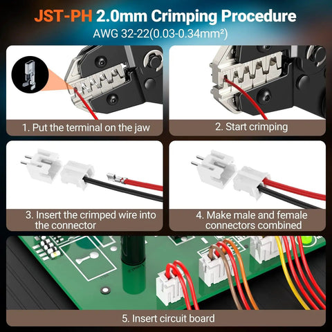 JST-PH crimping procedure with ratcheting crimp tool, wire insertion, and connector assembly for electronics DIY projects.