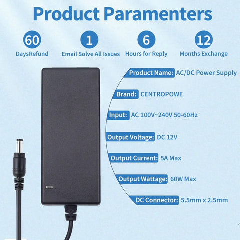 12V 5A Power Supply Adapter 60W With 100 240V AC Input To DC 12V Output For LED Strips CCTV Cameras Routers TV Boxes Webcams Speakers And More No Fuss Plug And Play Safe Stable black adapter with 5.5x2.5mm plug