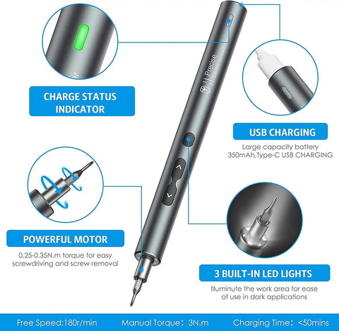 Close-up of 28 In 1 Cordless Electric Screwdriver Kit With 24 Bits Mini Pro Grade Power Precision Tool showing features