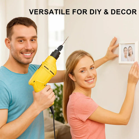 A man holding a yellow electric drill with a 4 Piece Drill Chuck Adapter Set 1/4 Inch Hex Quick Change, woman hanging a photo frame.