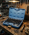 Top Tier 33 Piece Broken Bolt Extractor Set With Spiral Socket Nut Remover Kit For Cars And Trucks, CR-MO Steel Gear To Fix Rusty Bolts Fast In Your Garage Shop Or Workshop, blue case open