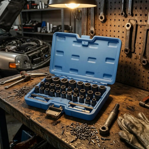 Top Tier 33 Piece Broken Bolt Extractor Set With Spiral Socket Nut Remover Kit For Cars And Trucks, CR-MO Steel Gear To Fix Rusty Bolts Fast In Your Garage Shop Or Workshop, blue case open
