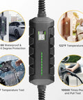 Portable Electric Level 2 Charger With 40A 240V Nema 14-50 Plug, showcasing waterproofing and temperature tests.