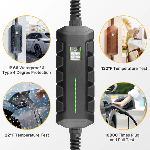 Portable Electric Level 2 Charger With 40A 240V Nema 14-50 Plug, showcasing waterproofing and temperature tests.