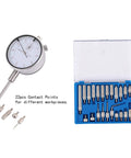 Front view of Qnkaa dial indicator with magnetic base and long arm, 22-piece contact point kit in blue case.