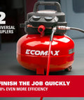 Six Gallon Pancake Air Compressor With 150 Psi Output And 2.6 Cfm Flow, Rock Hard Steel Tank in vibrant red with two universal couplers.