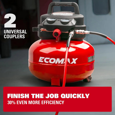 Six Gallon Pancake Air Compressor With 150 Psi Output And 2.6 Cfm Flow, Rock Hard Steel Tank in vibrant red with two universal couplers.