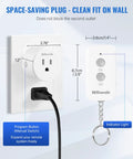 Plug In Remote Outlet Switch Wireless Control For Lamps And Lights No Wiring Needed Remote On Off Plug Programmable 100 Ft RF Range 15 Amp 1875 Watt Battery Included FCC Listed, shown with plug and remote.