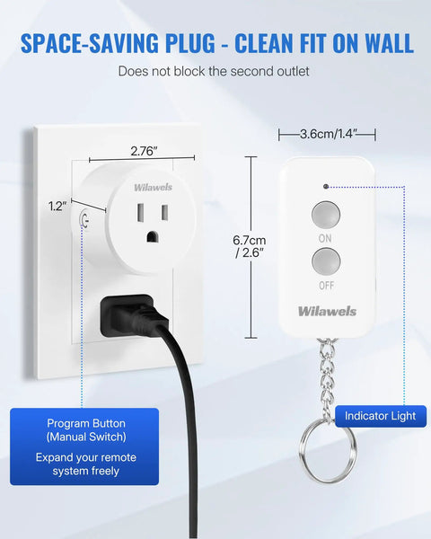 Plug In Remote Outlet Switch Wireless Control For Lamps And Lights No Wiring Needed Remote On Off Plug Programmable 100 Ft RF Range 15 Amp 1875 Watt Battery Included FCC Listed, shown with plug and remote.