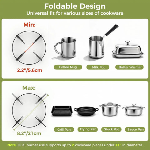 Propane Camping Stove 2 Burner Hybrid Infrared And Open Flame 36,000 BTU cooker with cookware size guide for foldable design.
