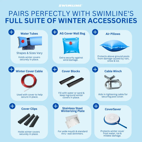 Swimline’s full suite of winter accessories for pool covers, including water tubes, wall bags, air pillows, cover cable, and winch.
