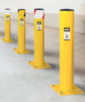 Heavy Duty Steel Bollards 42 Inches Tall With Yellow Black Reflective Tape And Concrete Fillable Core For Bulletproof Garage Boundary Shield And No Sweat Outdoor Install Kit line-up with varied tape designs.