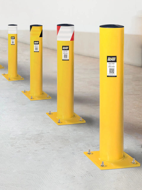 Heavy Duty Steel Bollards 42 Inches Tall With Yellow Black Reflective Tape And Concrete Fillable Core For Bulletproof Garage Boundary Shield And No Sweat Outdoor Install Kit line-up with varied tape designs.