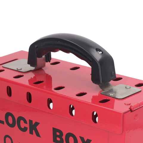 Close-up of Portable Big Red Stainless Steel Lockout Tagout Box handle, showing 12 locking holes for group lockout procedures.