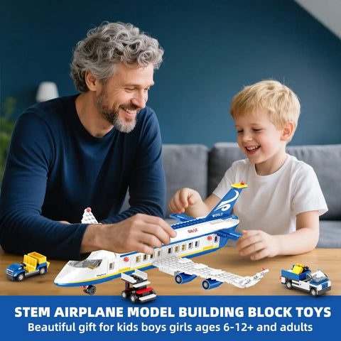 Father and son building 6 In 1 Airport Passenger Plane Building Set With 510 Pieces For STEM Play Including Baggage Truck Shuttle Bus Boarding Stairs And More A Dope Build Toy For Adults And Kids Ages 6 To 12