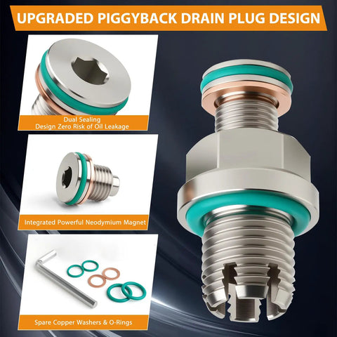 Oversize 1/2-20 Magnetic Piggyback Oil Drain Plug Kit For Oil Pan Self-Tapping Thread Repair Two-Stage Sealing System
