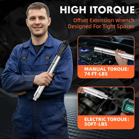 Mechanic with Half Inch Offset Extension Wrench for impact drivers in tight spots and images showing manual and electric torque usage