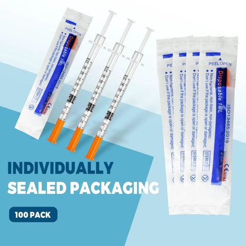 Pro Grade 1 Milliliter Syringe Set 29G Half Inch 13mm Lab Syringes Individually Sealed 100 Pack For Medical Lab DIY Dosing And Craft Projects, orange caps