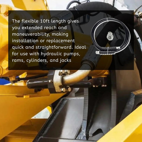Memiuyelay 10ft high-pressure hydraulic hose, 1/4" ID, 3/8" NPT fittings, black with coupler cap on yellow equipment