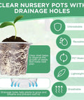 Clear nursery pot with plant for 10 Pack Seed Starter Tray Kit With 60 Cell Seedling Trays, drainage holes shown on image.