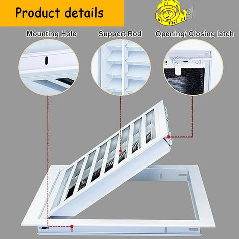 Solid Pick 18 X 34 Inch Return Air Grille And Wall Ceiling Vent Cover showing mounting hole, support rod, and latch details.