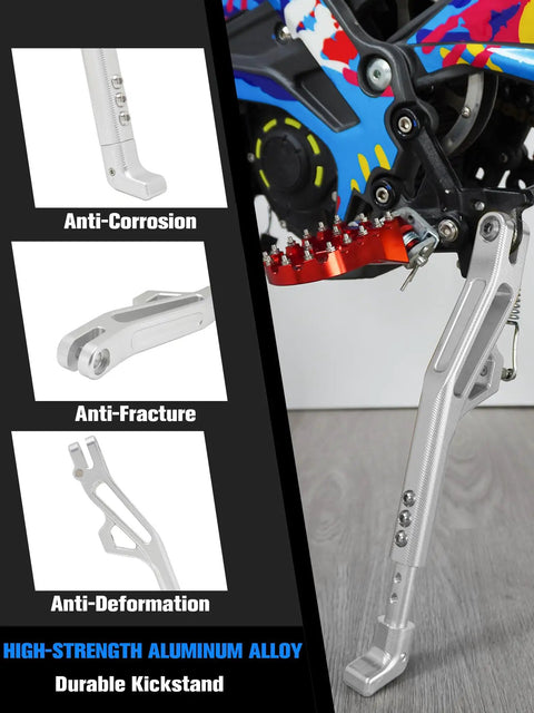 Seven Level Adjustable CNC Kickstand For Surron Sur Ron LBX E Ride Pro SS 3.0 2.0 And Talaria Sting R MX4 X160 X260 Electric Dirt Bikes Go To Side Stand For Easy Parking And Rock Solid Stability In Silver, installed view on electric bike