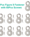 Thirty Pieces Figure Eight Furniture Connectors With Pre Loaded Screws Heavy Duty Iron Hardware, silver fasteners with screws.