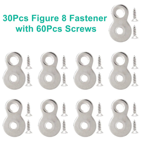 Thirty Pieces Figure Eight Furniture Connectors With Pre Loaded Screws Heavy Duty Iron Hardware, silver fasteners with screws.