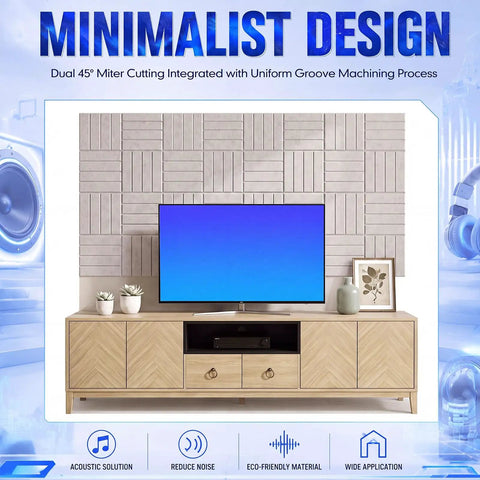 White Slatted Acoustic Foam Panels 24 Pack 12x12x0.4 Inch High Density Polyester Fiber on wall behind TV for stylish noise reduction.