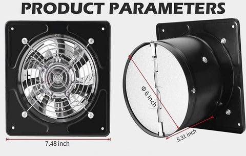 Front and side view of 6 Inch Exhaust Fan 40W Through Wall Ventilation Fan 110V Black with dimensions for kitchen and bathroom use