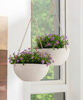 Two Pack 10 Inch Hanging Planters With White Honeycomb Design For Indoor And Outdoor Use Easy To Hang Pots For Deck Patio Balcony With A Chill Vibe Lightweight Yet Durable Plant Pots In Modern Minimalist Style To Show Off Your Greenery, featuring blooming purple flowers.