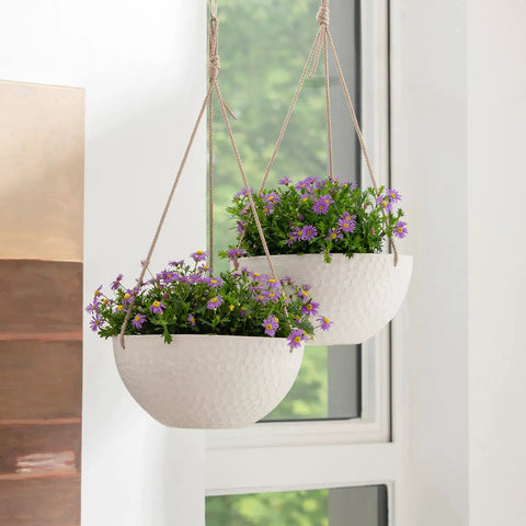 Two Pack 10 Inch Hanging Planters With White Honeycomb Design For Indoor And Outdoor Use Easy To Hang Pots For Deck Patio Balcony With A Chill Vibe Lightweight Yet Durable Plant Pots In Modern Minimalist Style To Show Off Your Greenery, featuring blooming purple flowers.