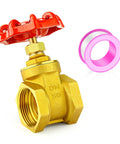 Brass 2-inch gate valve with red wheel handle; female-to-female threaded, pink rings included.