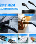 Heavy Duty Tesla Charger Extension Cable 21 Ft And 48 Amp Nacs Ev Cord showing waterproof rating and plug-in for reliable power.